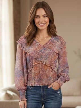 Women's BB Dakota Steve Madden Pink Blue Floral Smocked Blouse M